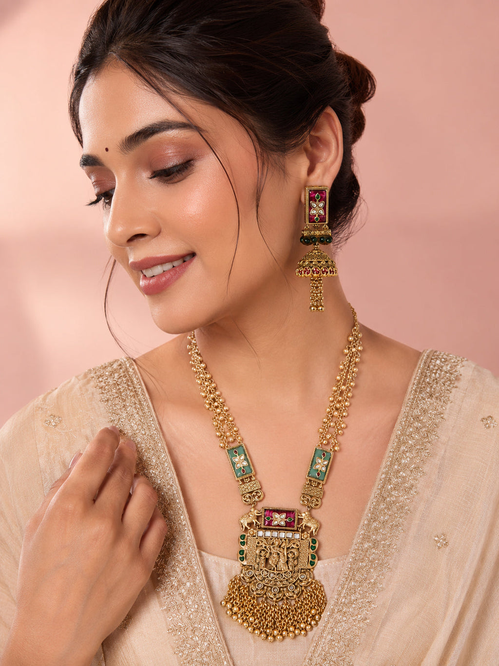 Aanura Heritage Temple Necklace Set with Krishna Motif