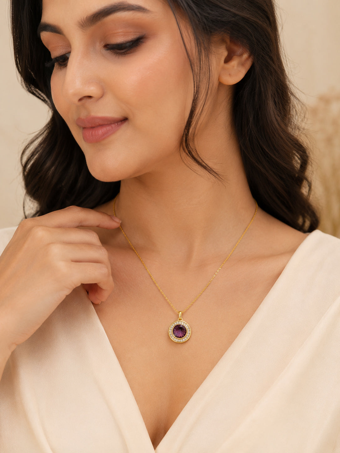 18K Gold Plated Purple Halo Crystal Pendant Necklace