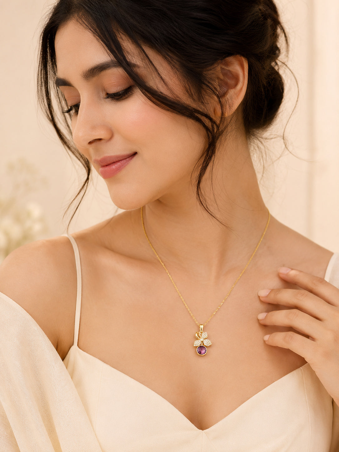 18K Gold Plated Purple Floral Crystal Drop Necklace