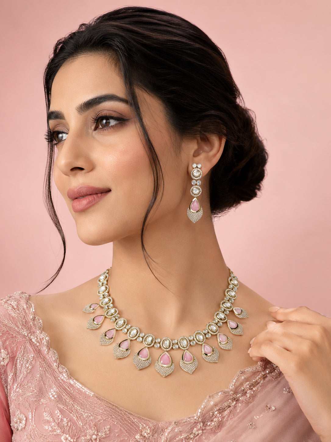 Aanura Lavender Drop Kundan Necklace Set with Earrings