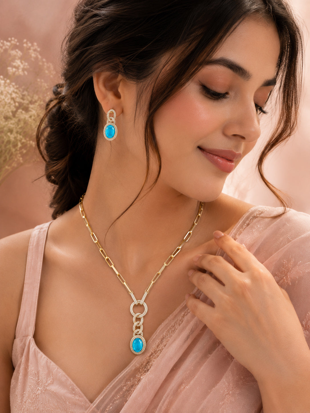 Aanura Red Stone Chain-Link Necklace with Earrings