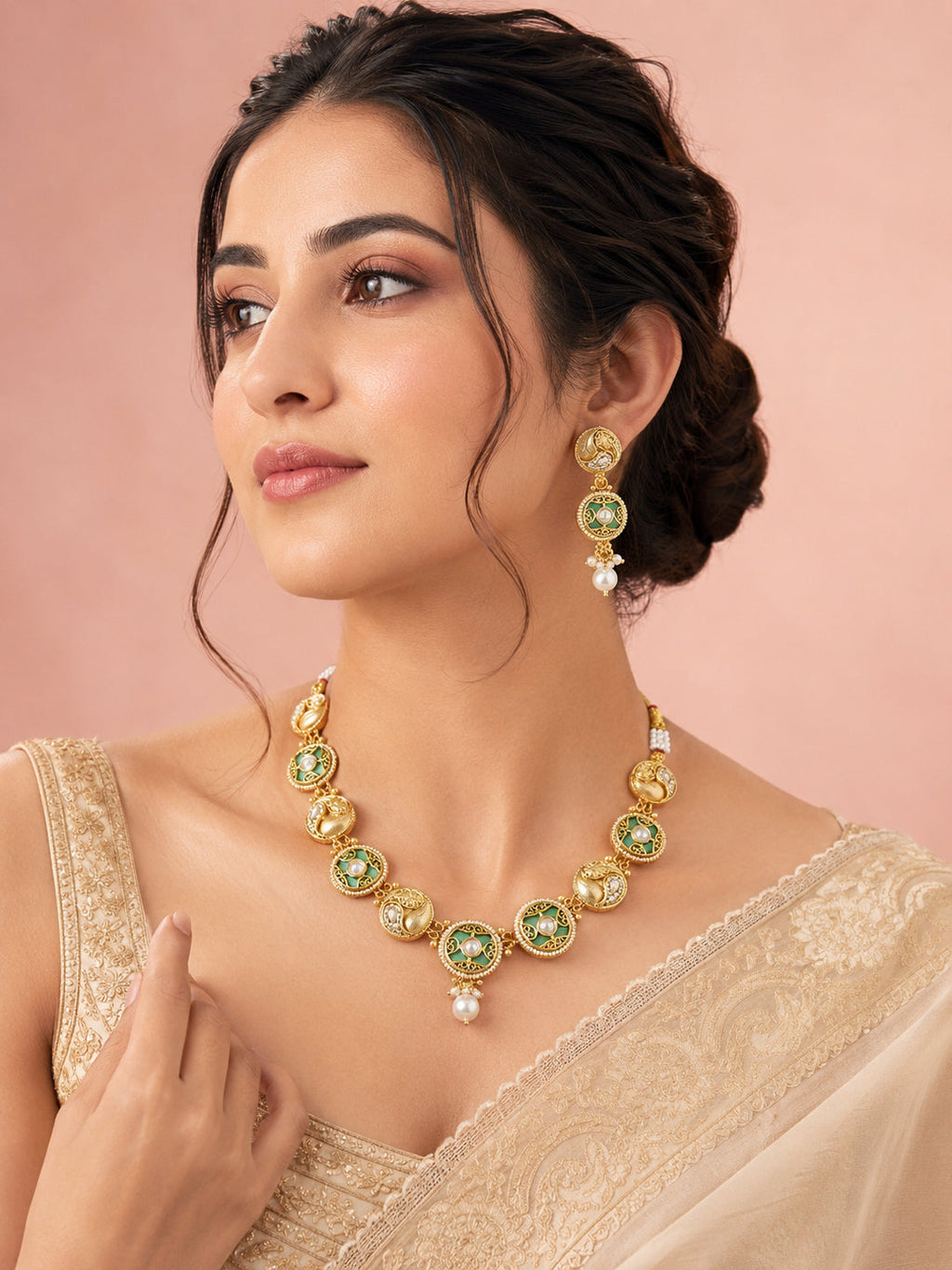 Aanura Circular Kundan Ruby Drop Necklace Set