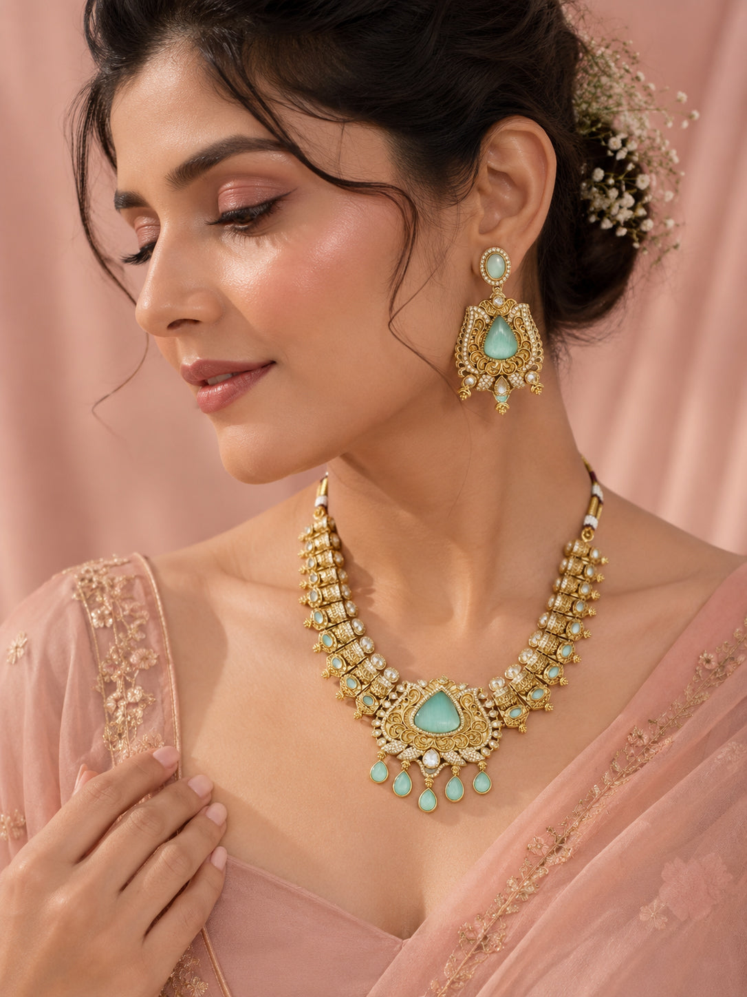 Aanura Antique Bridal Necklace with Ruby Red Stones