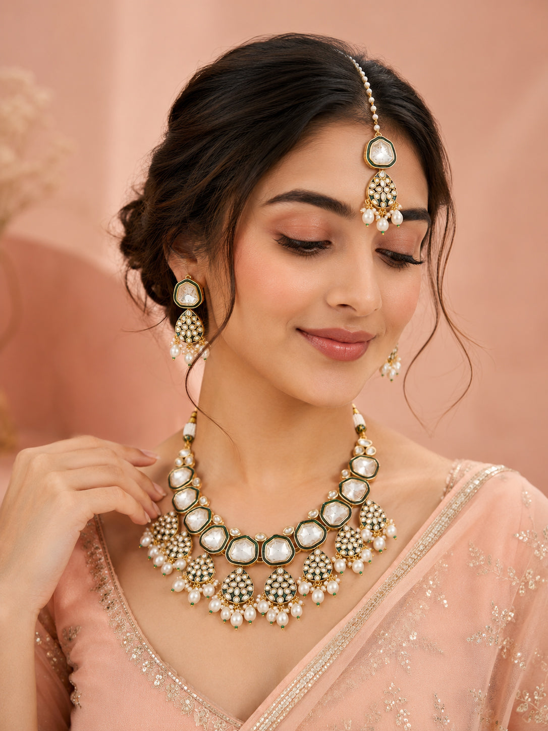 Aanura Gold Traditional Necklace Set With Earrings