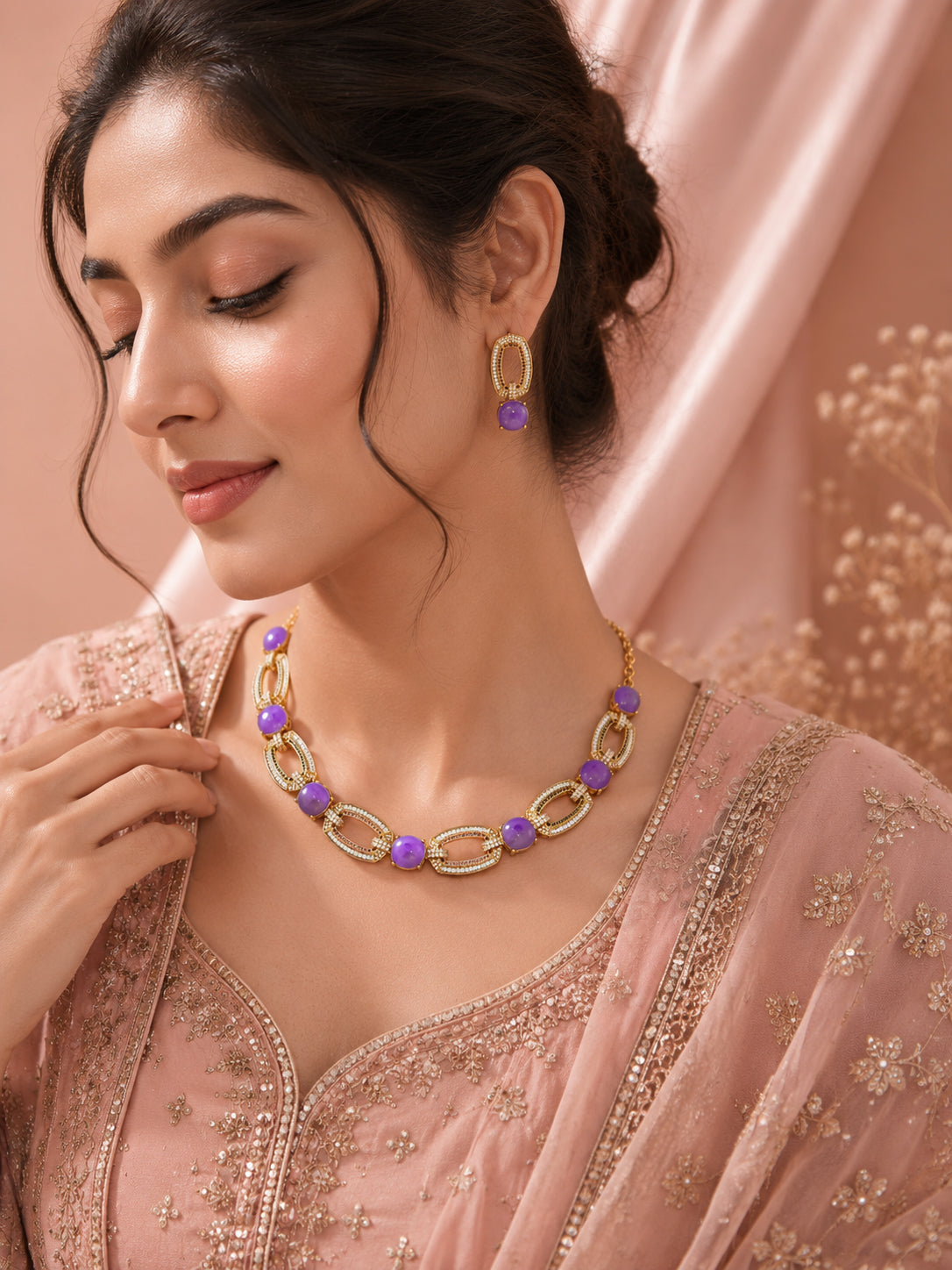 Aanura Gold-Plated Purple Stone Necklace Set