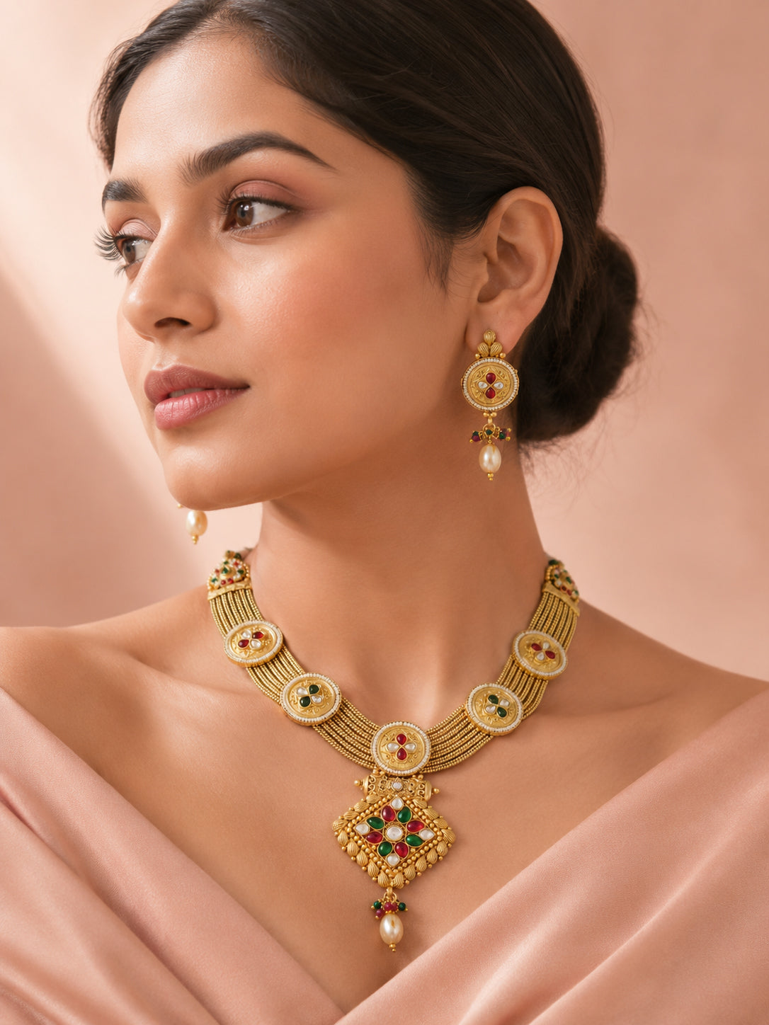 Aanura Antique Long Necklace with Ruby Pendant & Pearls