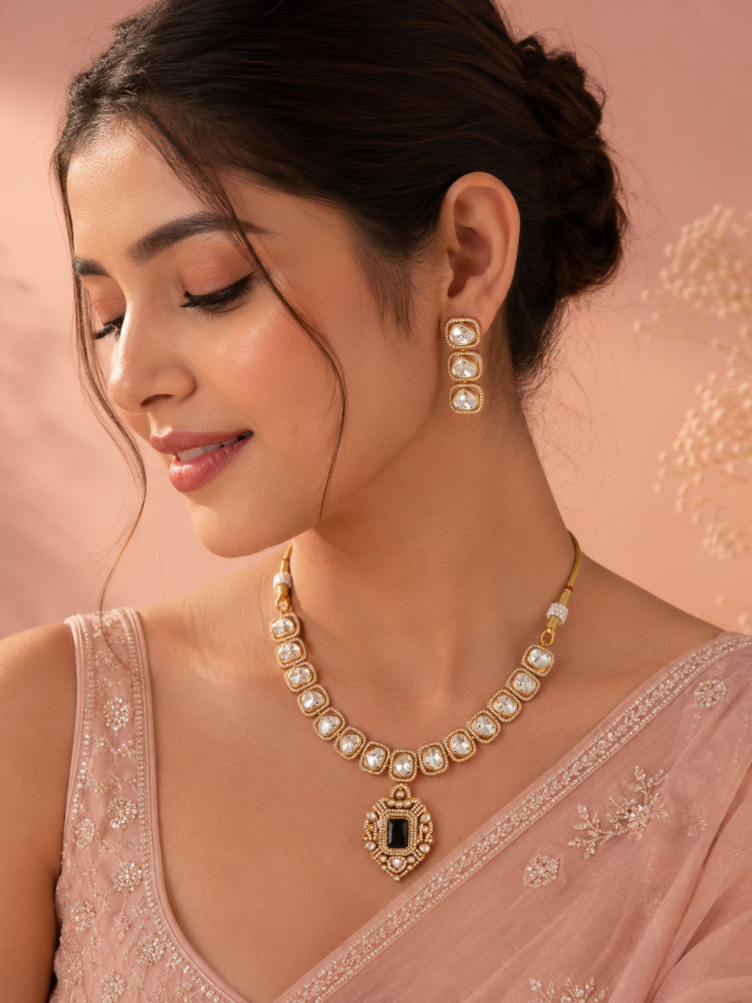 Aanura Kundan Necklace with Pink Stone Heritage Pendant