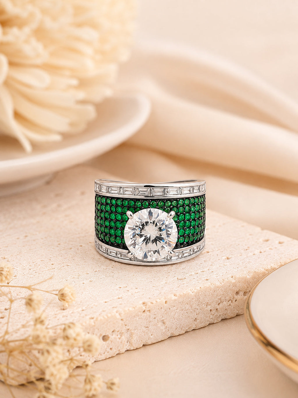 Rhodium Plated Emerald Pavé Anti-Tarnish Waterproof Ring