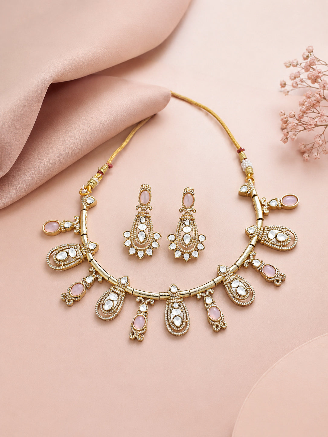 Aanura Kundan Necklace with Olive Green Stone Drops