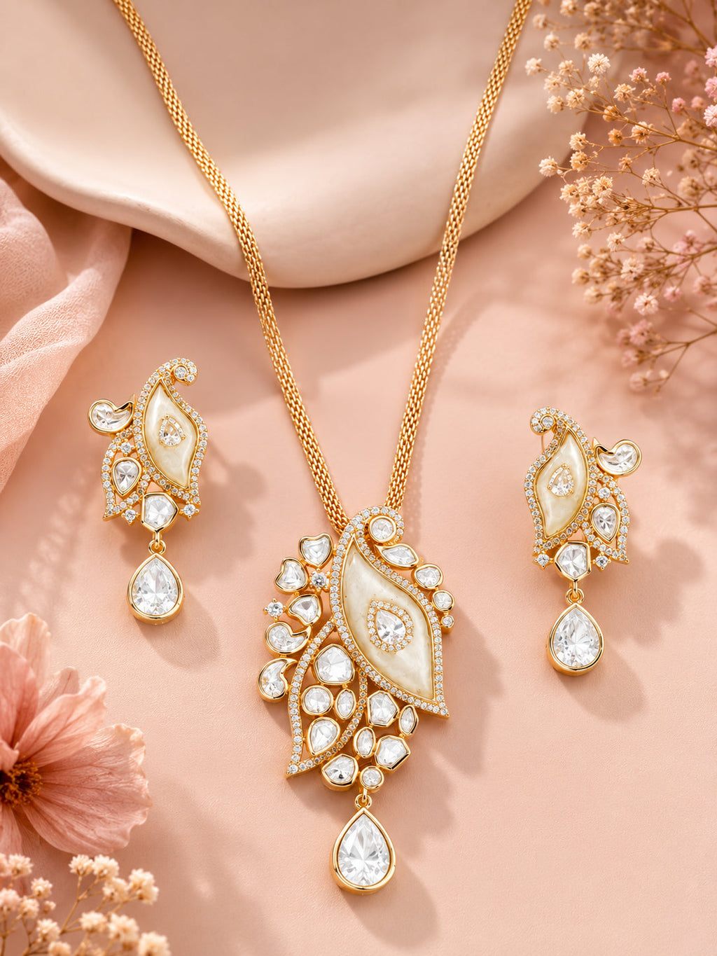 Aanura White Leaf Pendant Necklace & Earrings