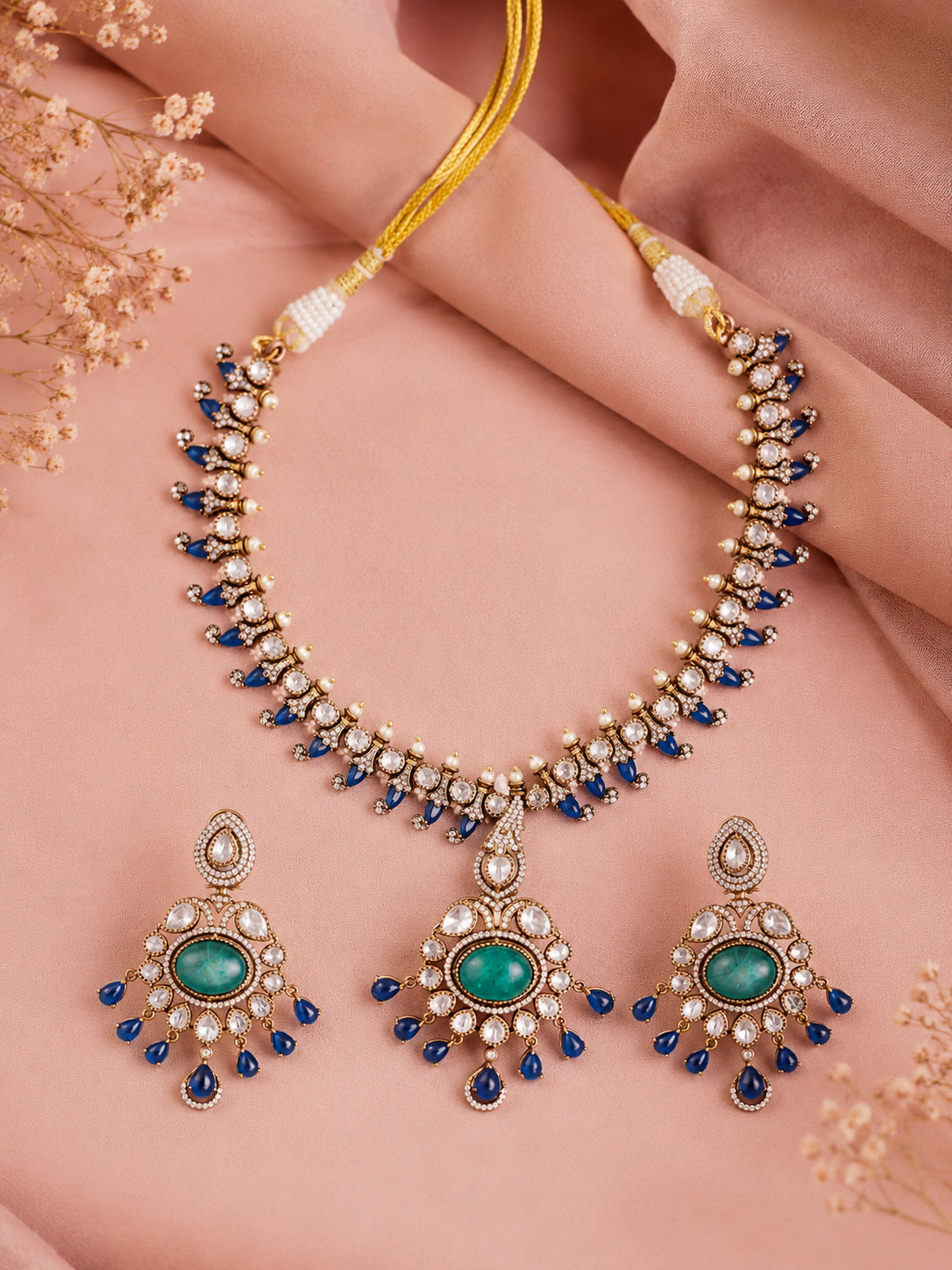 Aanura Royal Green Kundan Bridal Necklace with Earrings