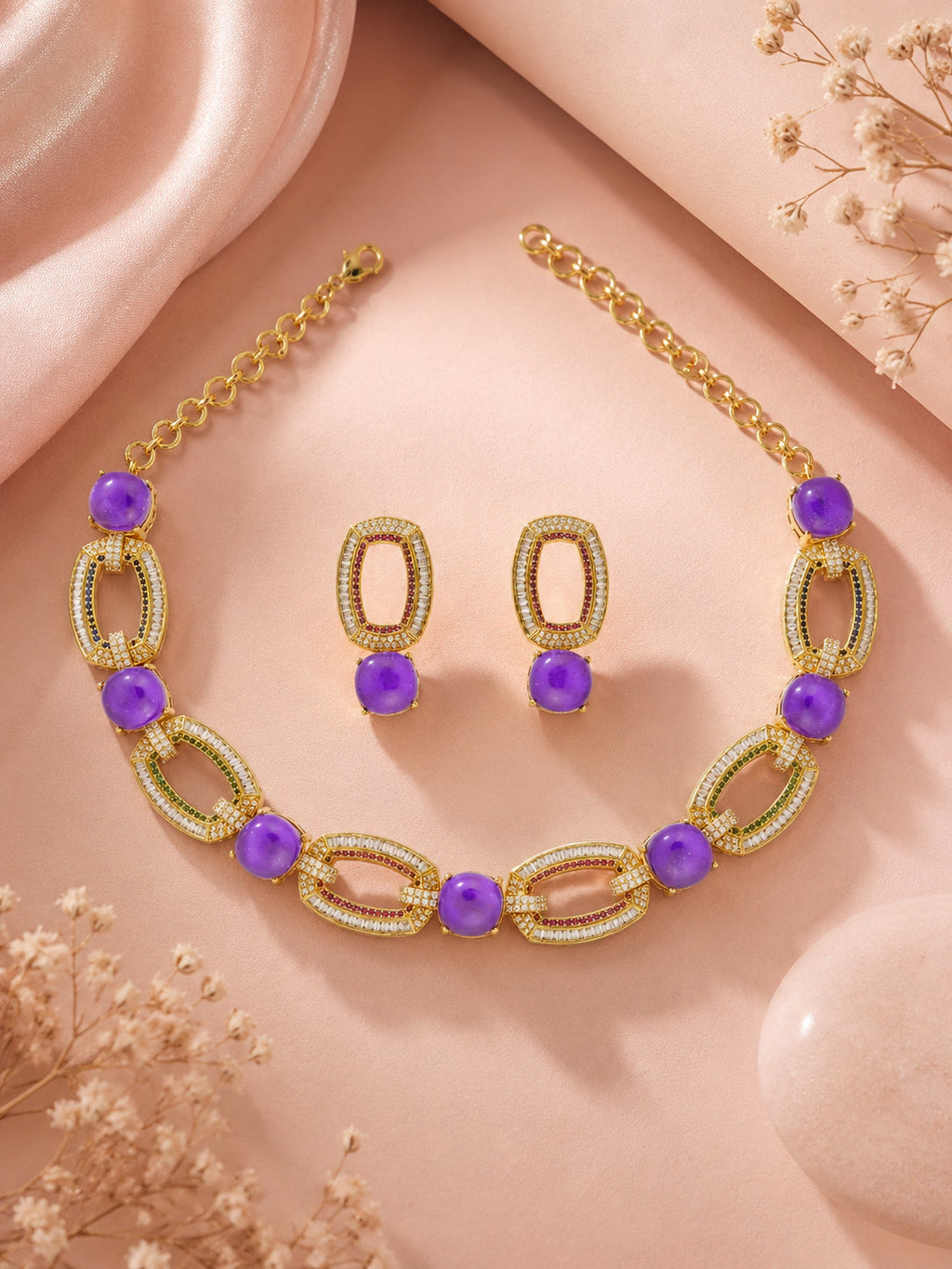 Aanura Gold-Plated Purple Stone Necklace Set