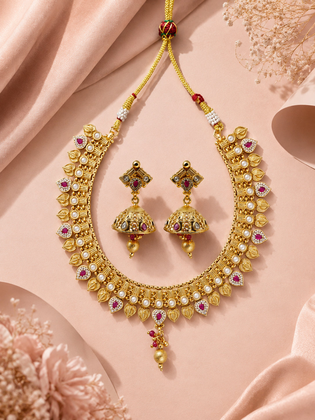 Aanura Antique Gold Choker Necklace with Drop Earrings