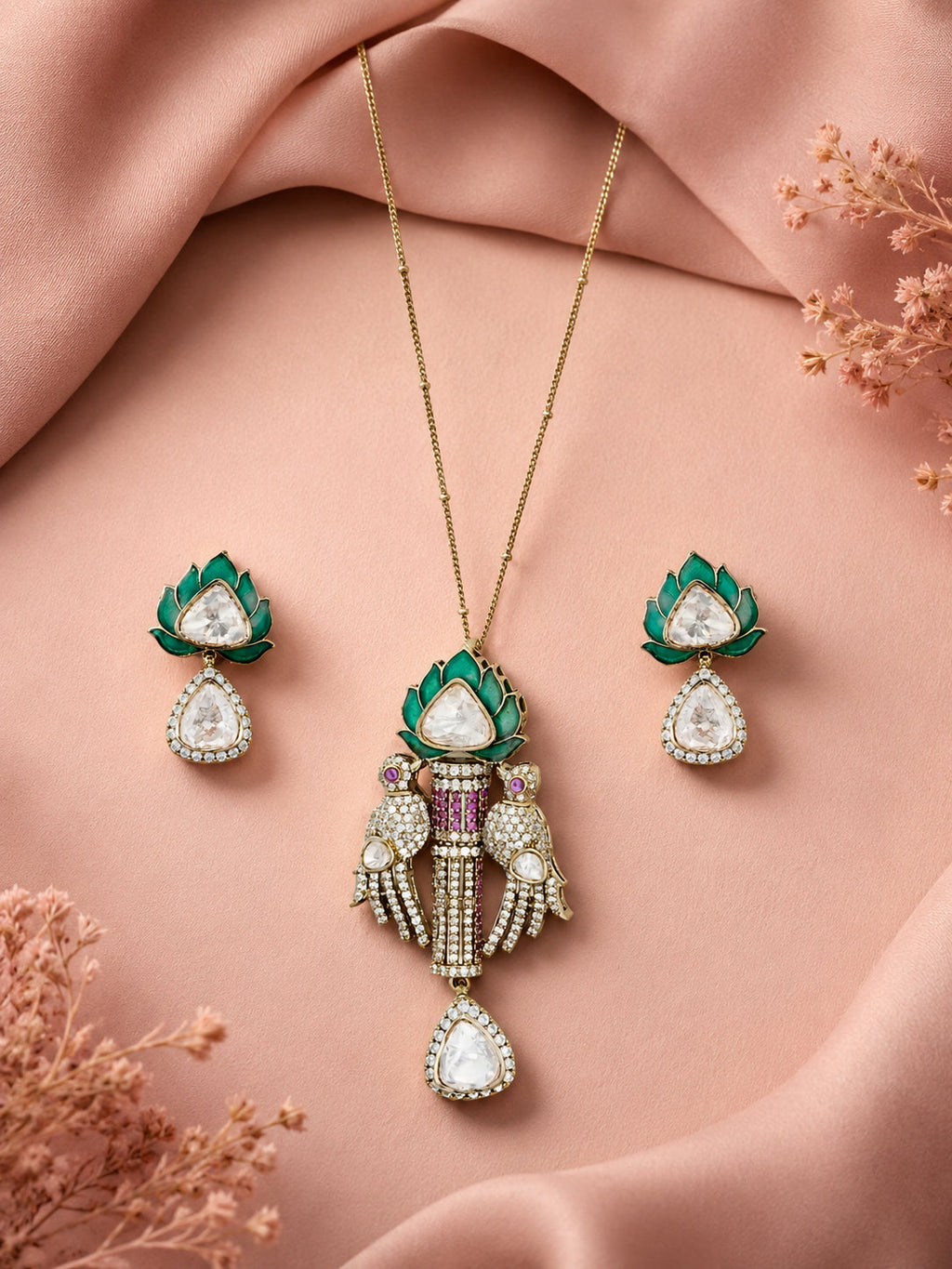Aanura Lotus Motif Long Necklace Set with Earrings