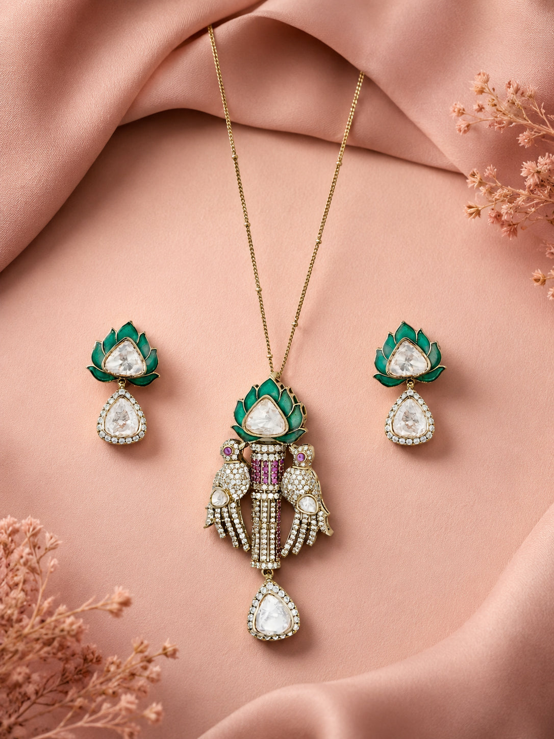 Aanura Lotus Motif Long Necklace Set with Earrings