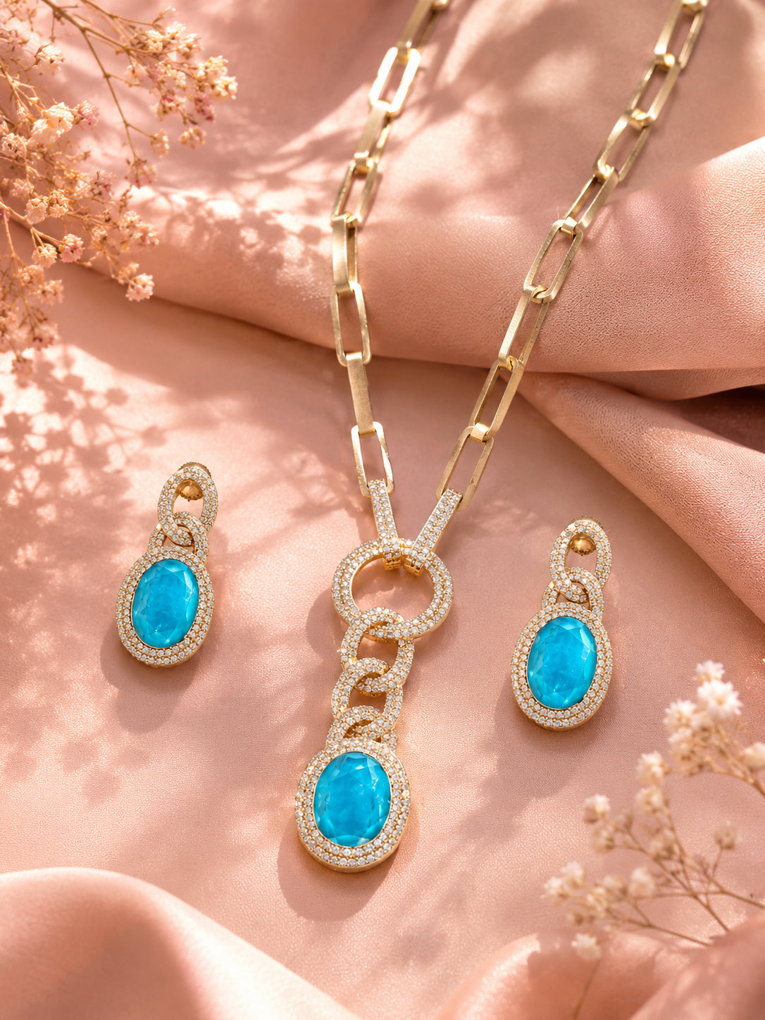 Aanura Red Stone Chain-Link Necklace with Earrings