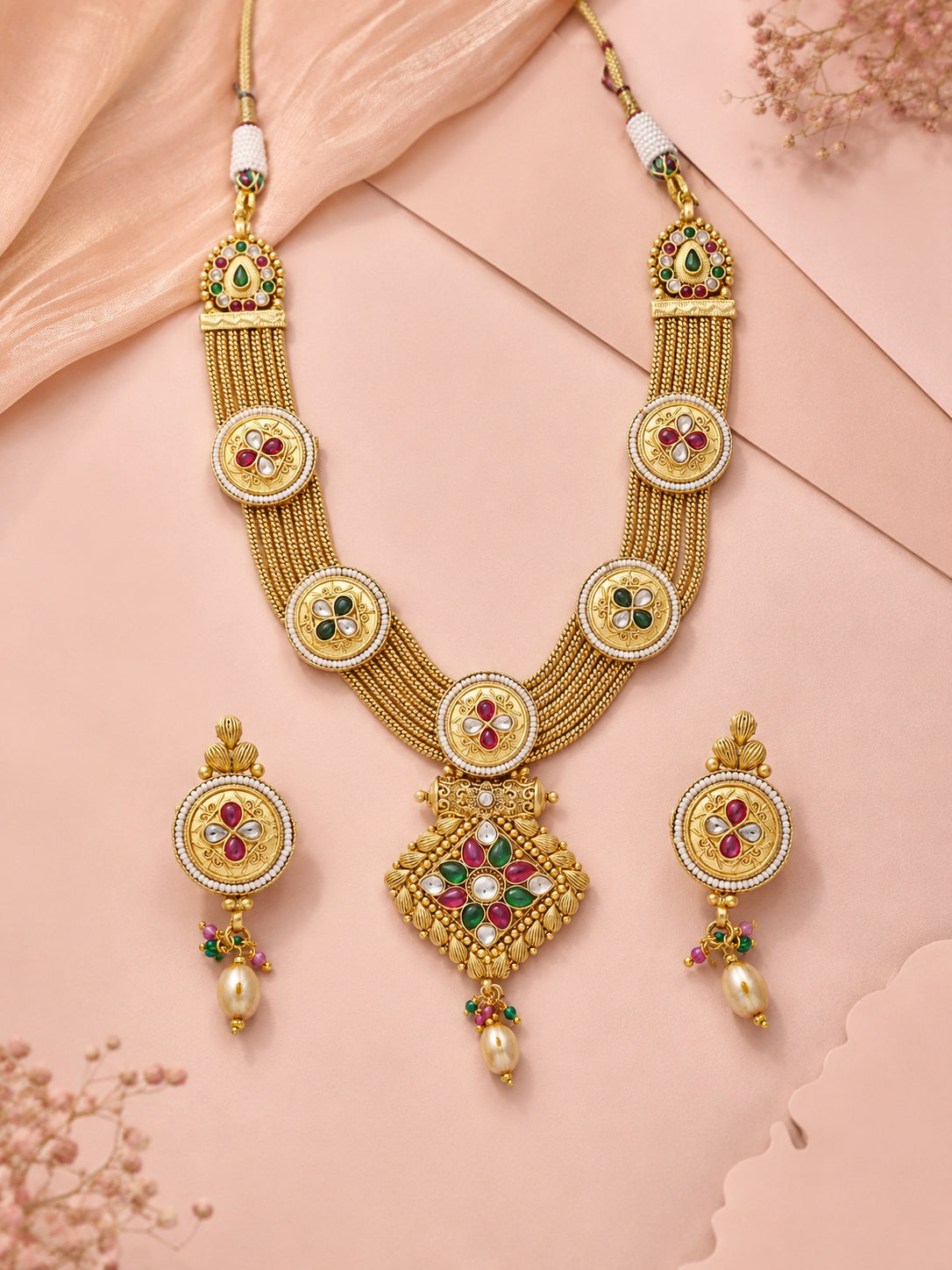 Aanura Antique Long Necklace with Ruby Pendant & Pearls