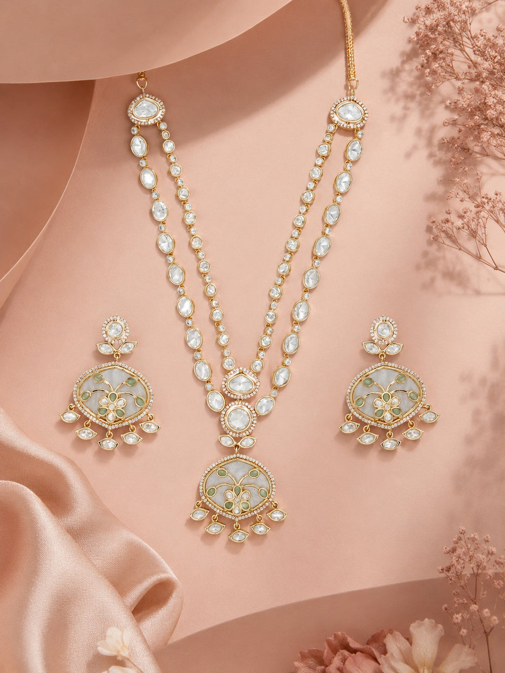 Aanura Green Meenakari Kundan Pendant Necklace Set
