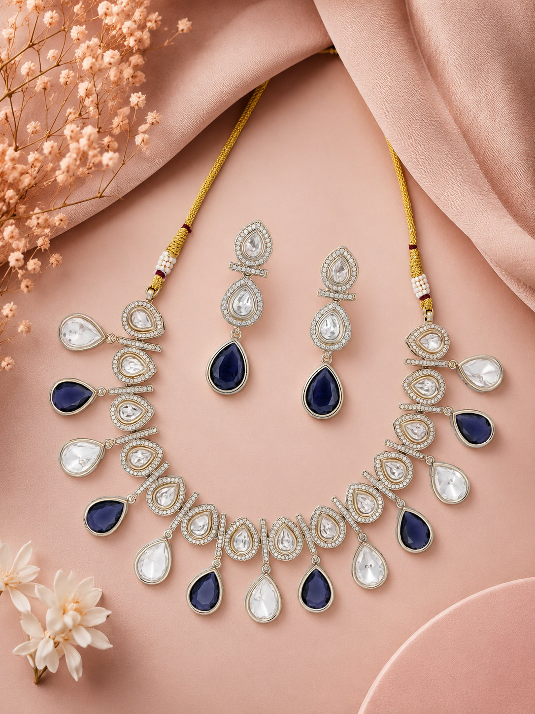 Aanura Teardrop Kundan Necklace with Dual-Tone Drops & Earrings
