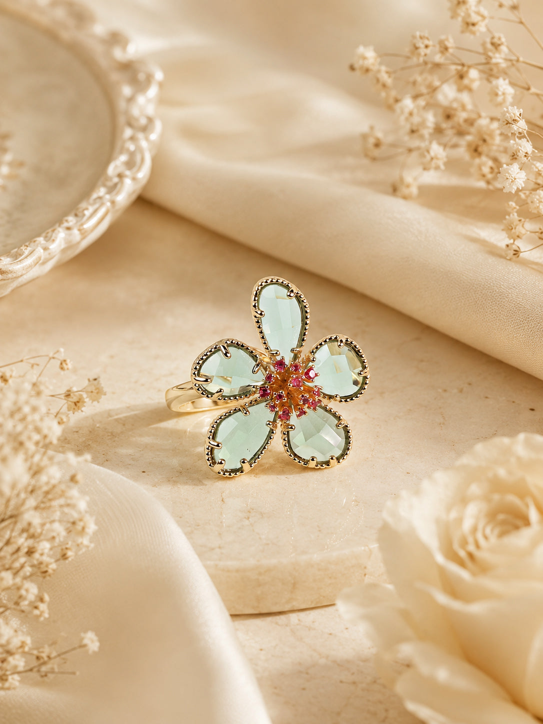Emerald Flower Statement Ring for Women