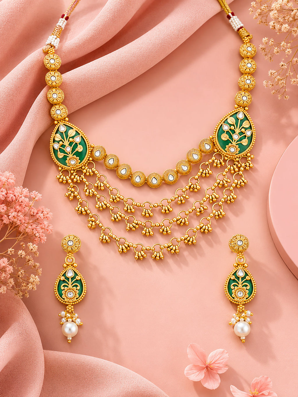 Aanura Layered Gold Necklace Set with Pearl Drop Earrings