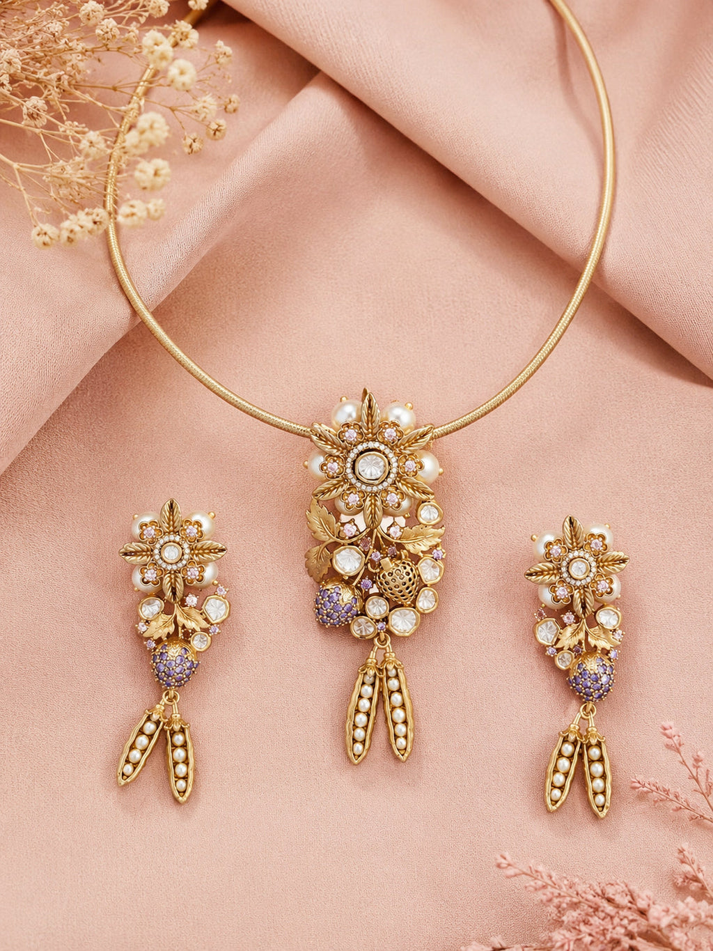 Aanura Antique Floral Pendant Necklace with Pearls