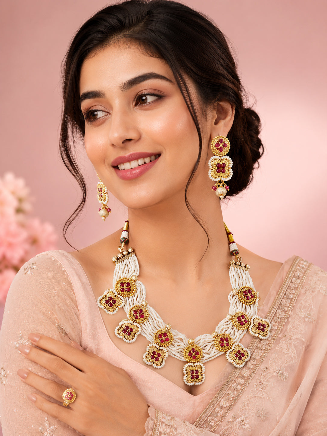 Aanura White Beaded Kundan Choker Necklace with Motifs