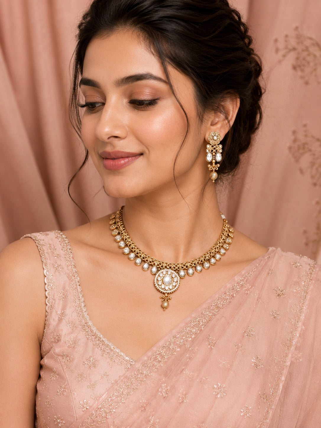 Aanura Ruby Beaded Kundan Necklace with Earrings