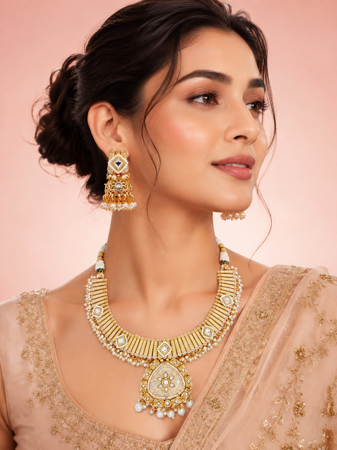 Aanura Kundan Choker Necklace with Green Stones & Pearls