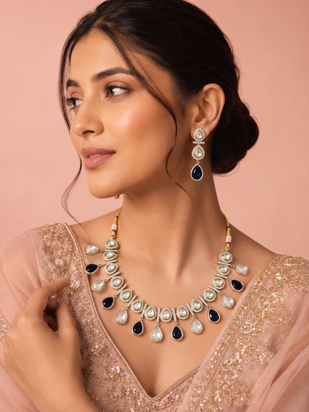 Aanura Teardrop Kundan Necklace with Dual-Tone Drops & Earrings