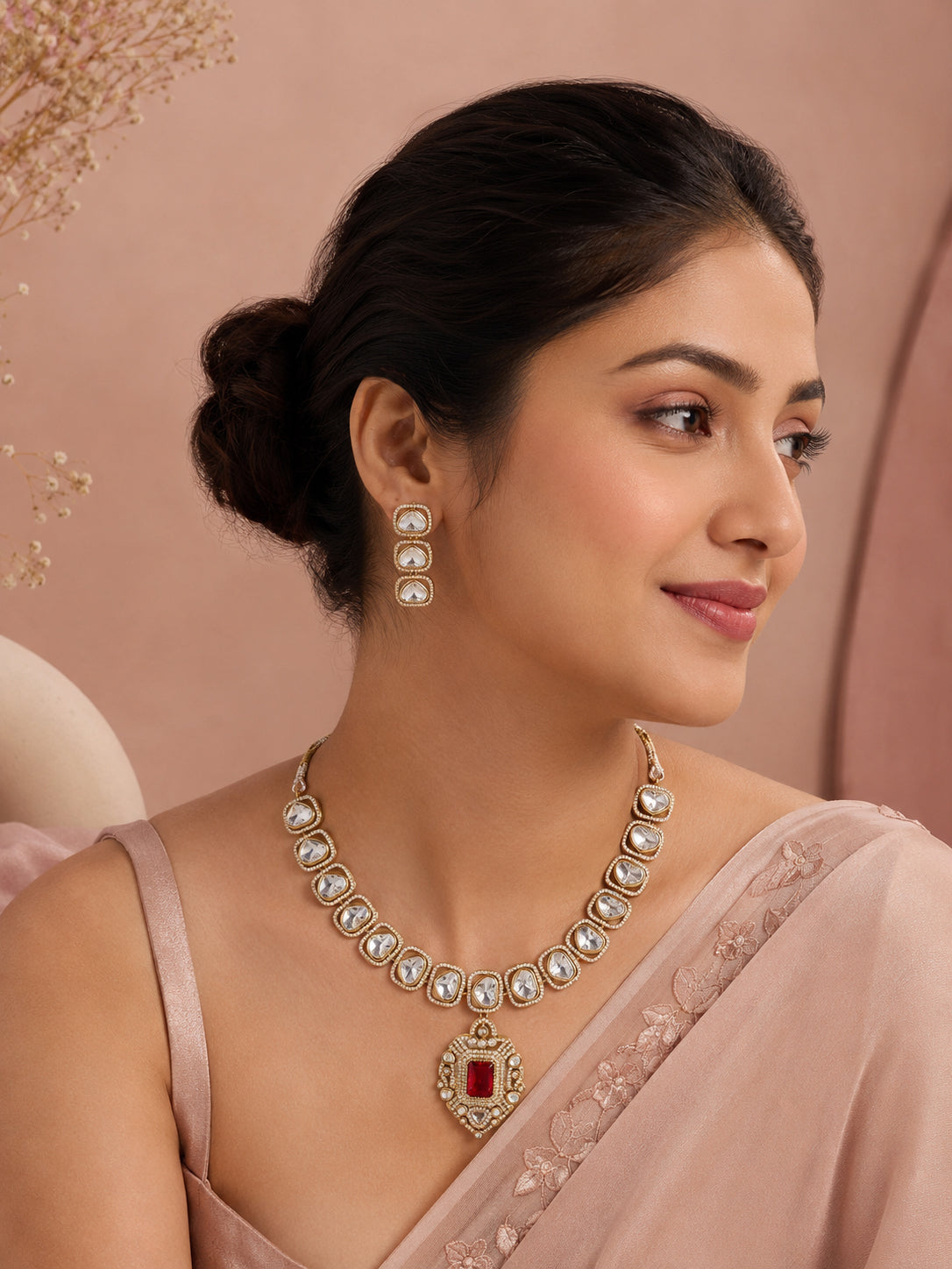 Aanura Kundan Necklace with Pink Stone Heritage Pendant
