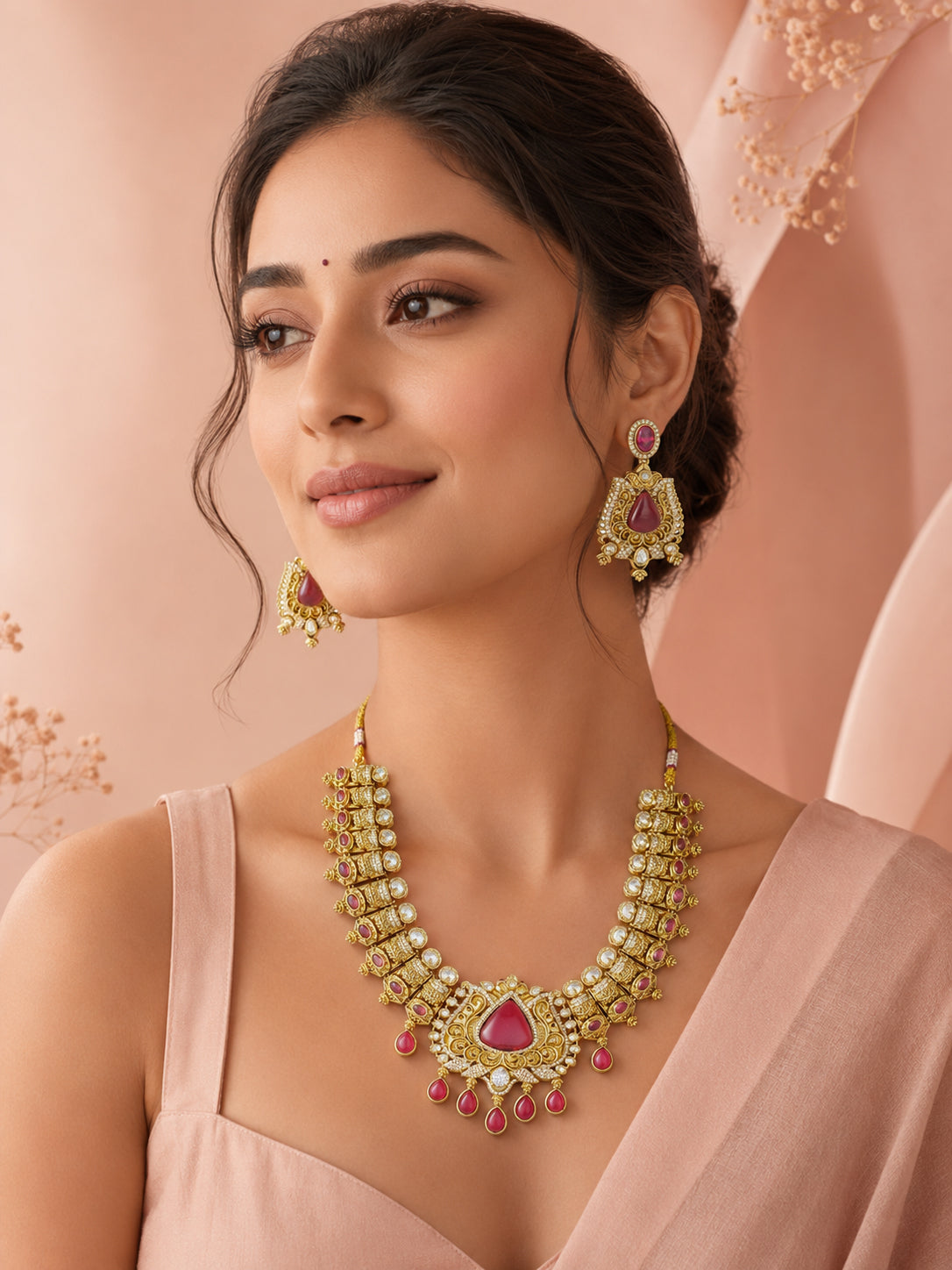 Aanura Antique Bridal Necklace with Ruby Red Stones