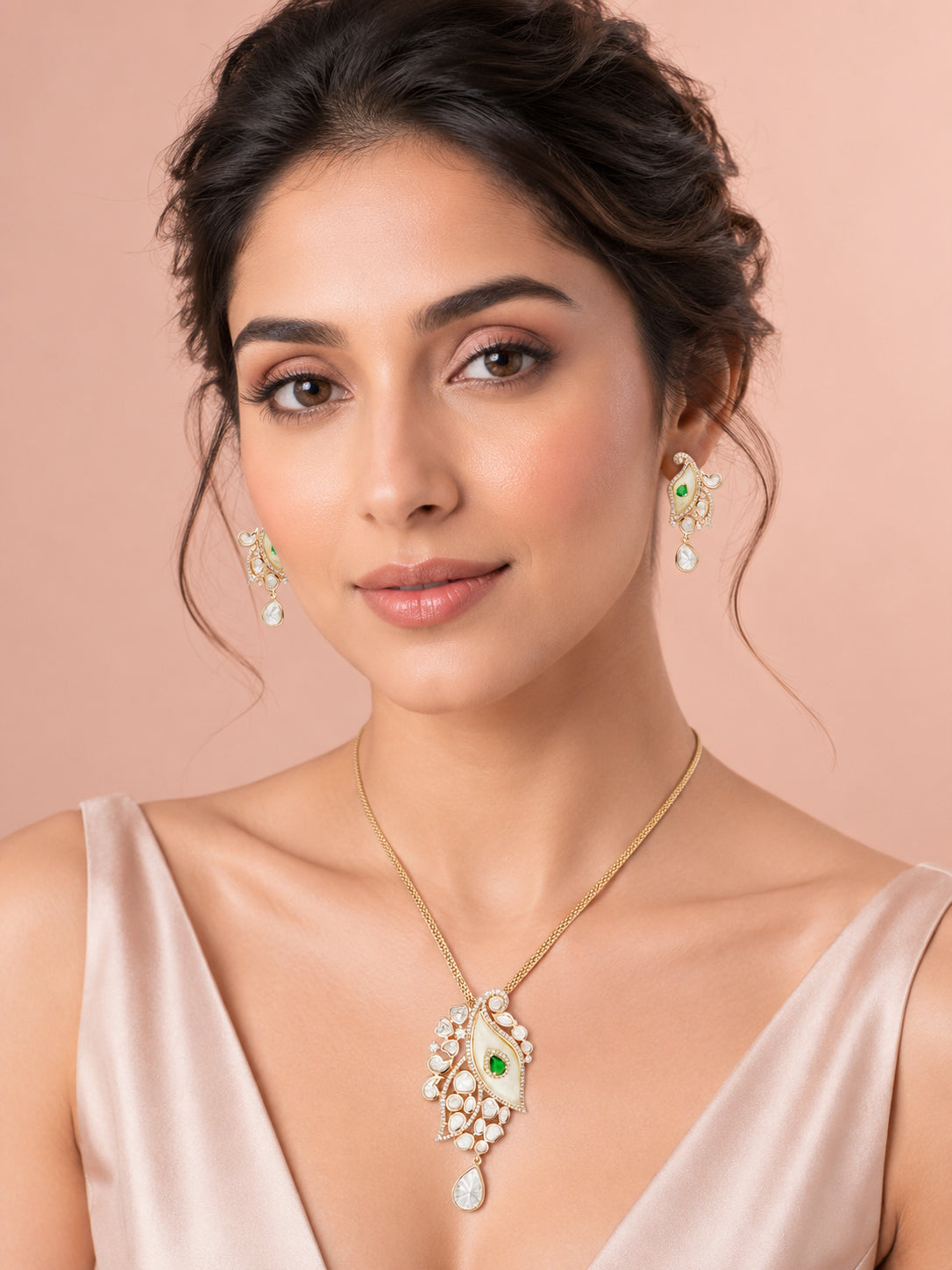 Aanura White Leaf Pendant Necklace & Earrings