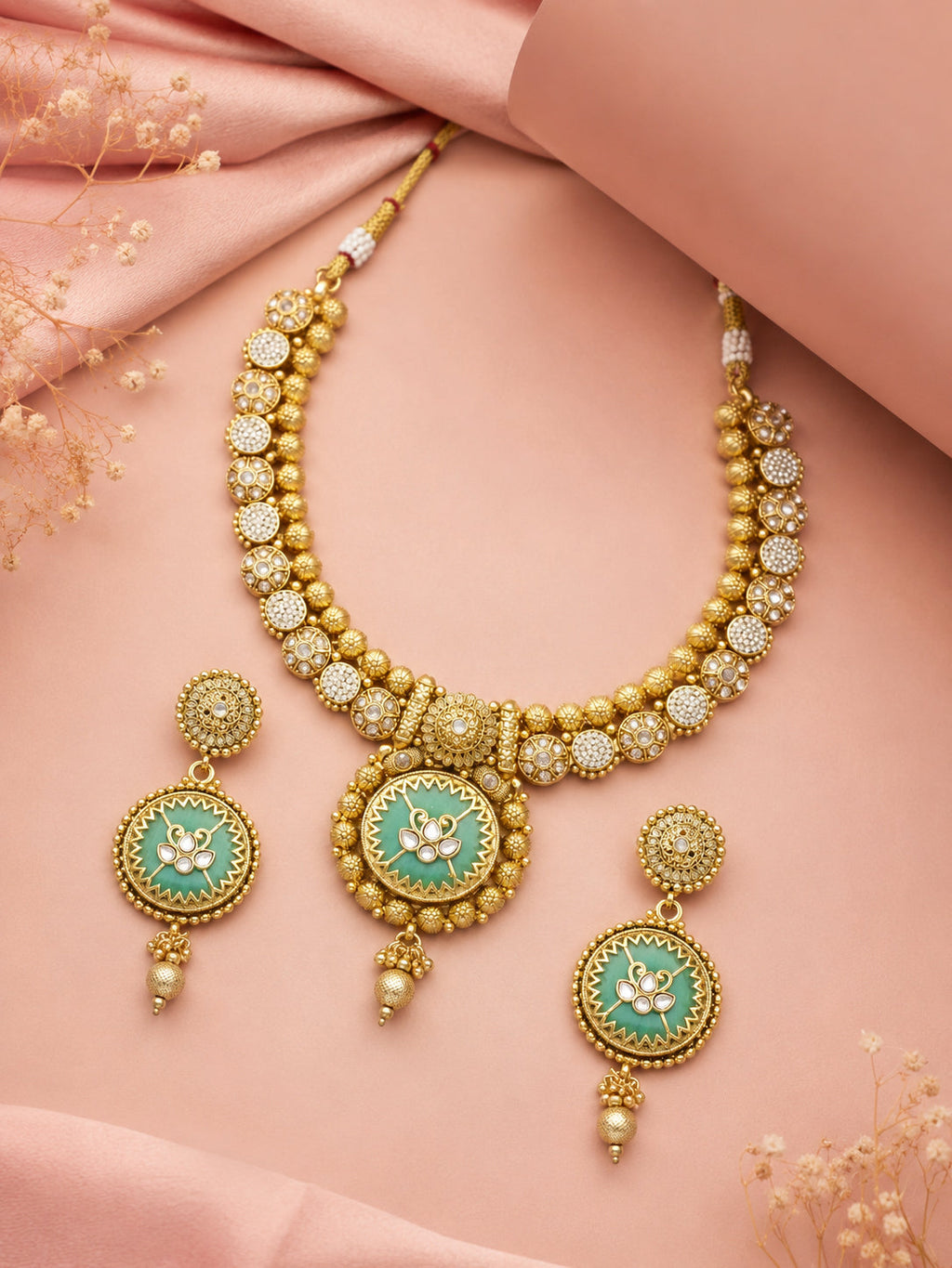 Aanura Circular Heritage Necklace with Green Stones