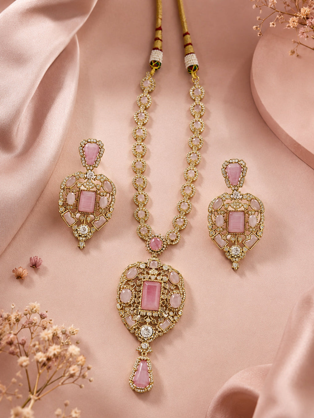 Aanura Red Stone Antique Kundan Necklace & Earrings