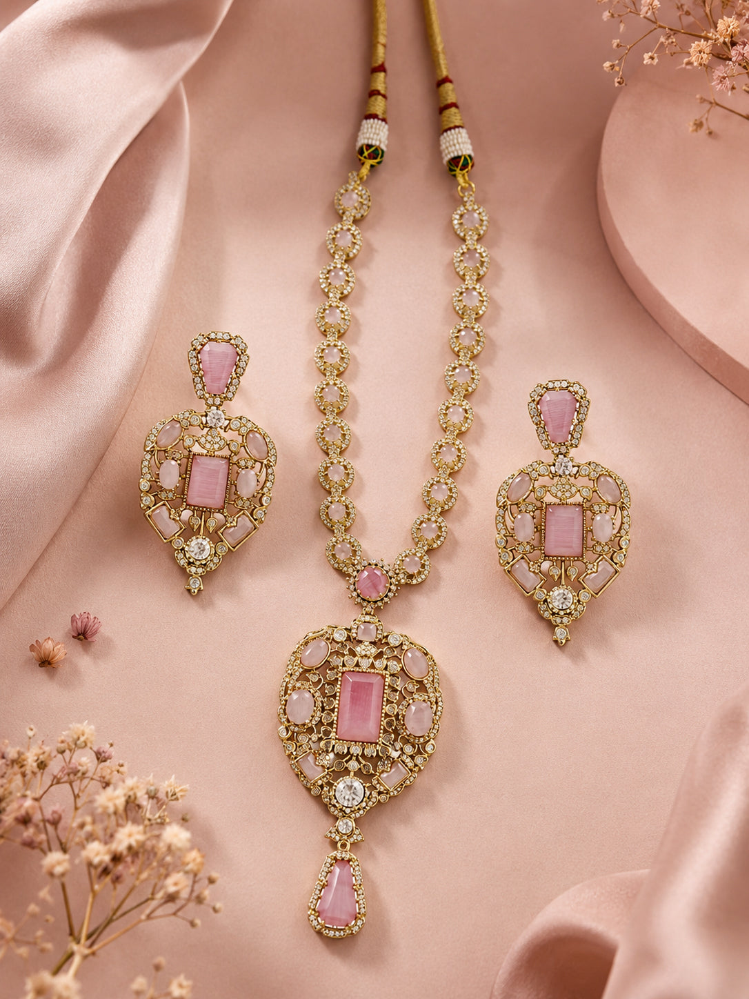 Aanura Red Stone Antique Kundan Necklace & Earrings