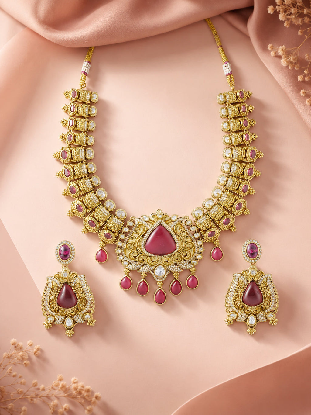 Aanura Antique Bridal Necklace with Ruby Red Stones