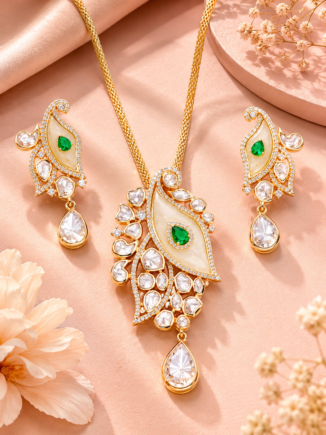 Aanura White Leaf Pendant Necklace & Earrings