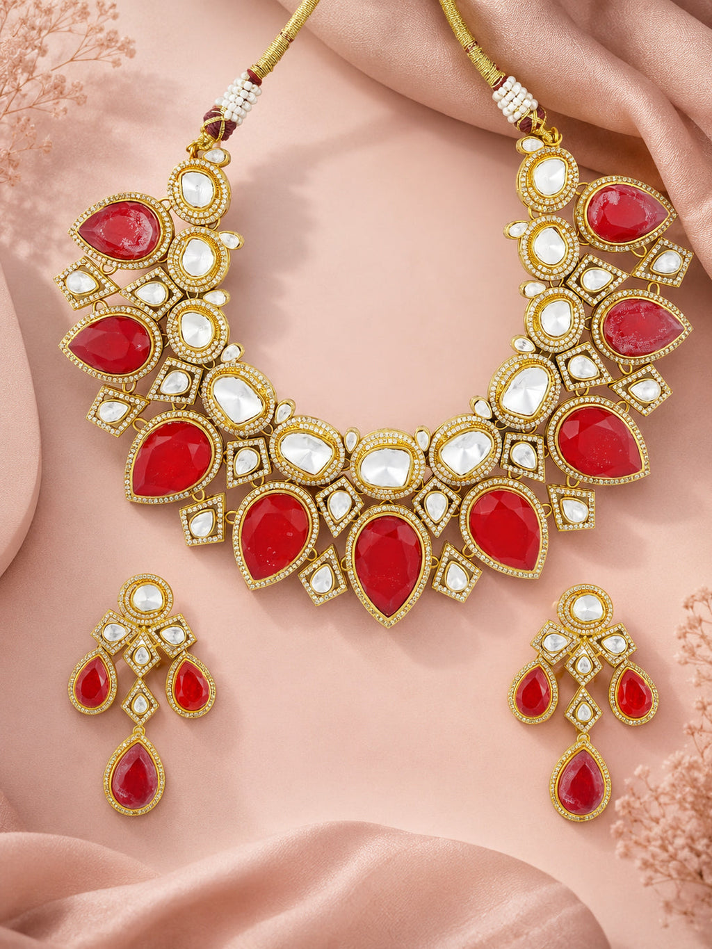 Aanura Grand Red Bridal Necklace with Kundan Embellishments