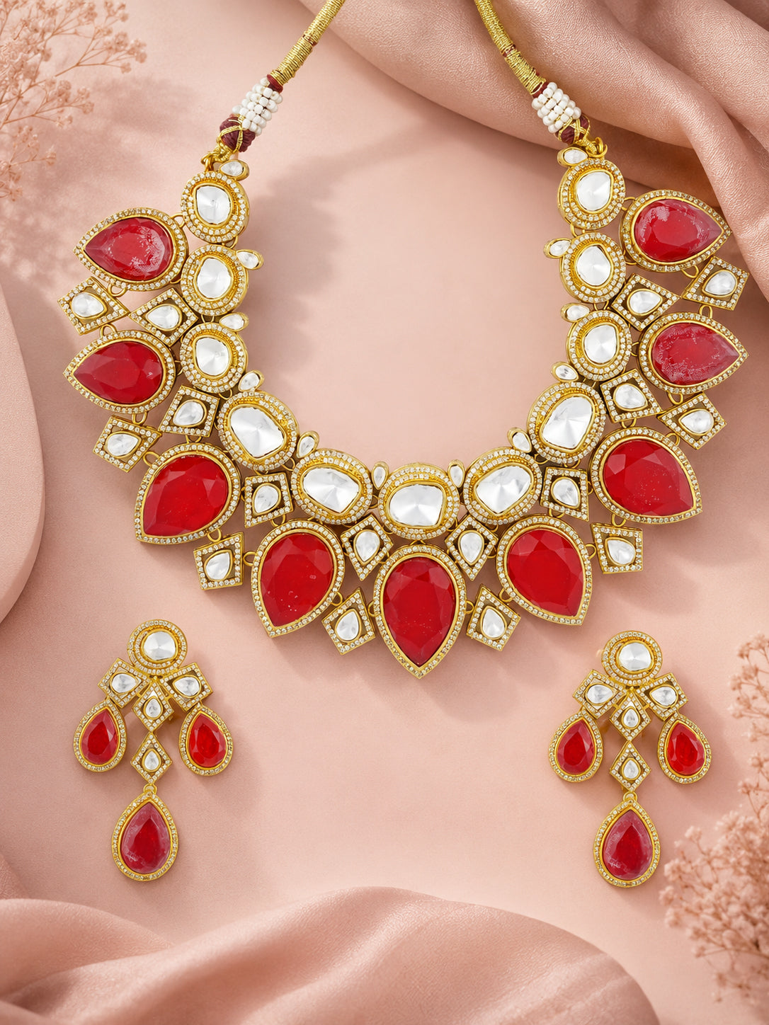 Aanura Grand Red Bridal Necklace with Kundan Embellishments