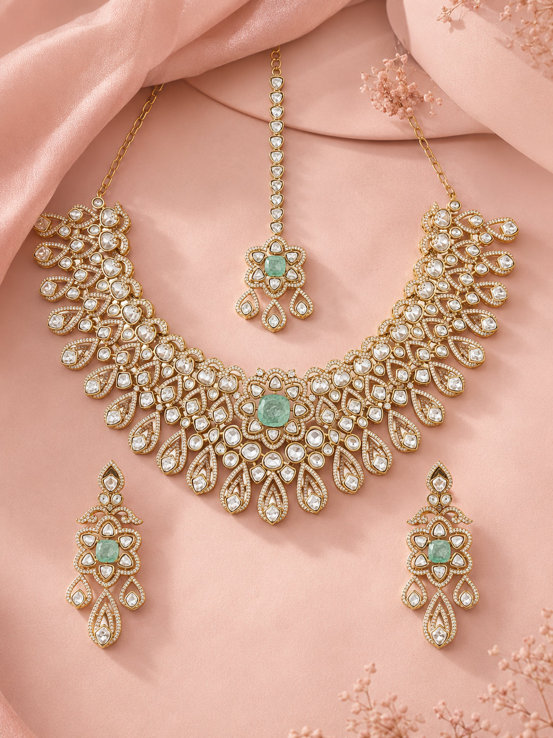 Aanura Bridal Emerald Kundan Necklace with Tikka Set