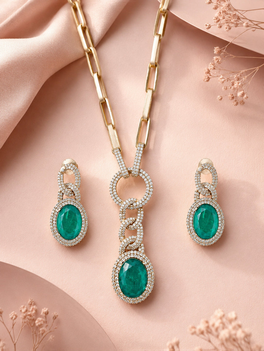 Aanura Red Stone Chain-Link Necklace with Earrings