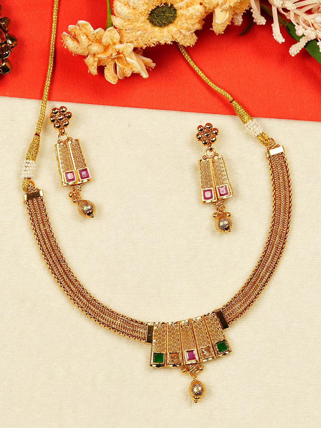 Aanura Gold Plated Layered Necklace & Earring Set