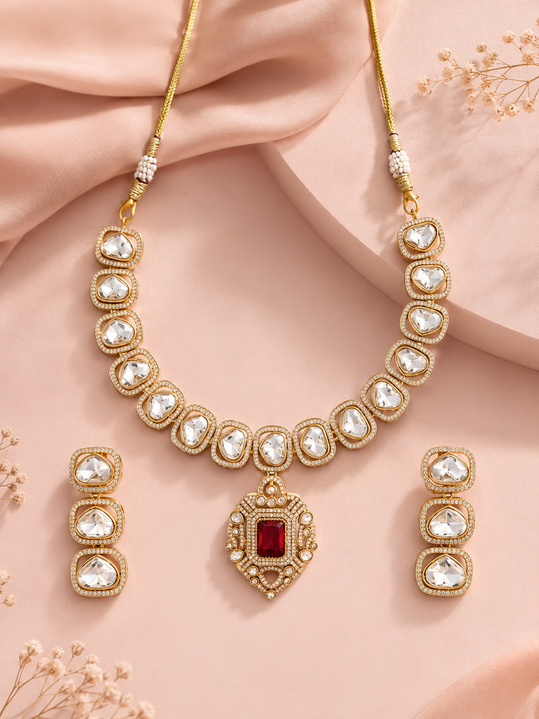 Aanura Kundan Necklace with Pink Stone Heritage Pendant