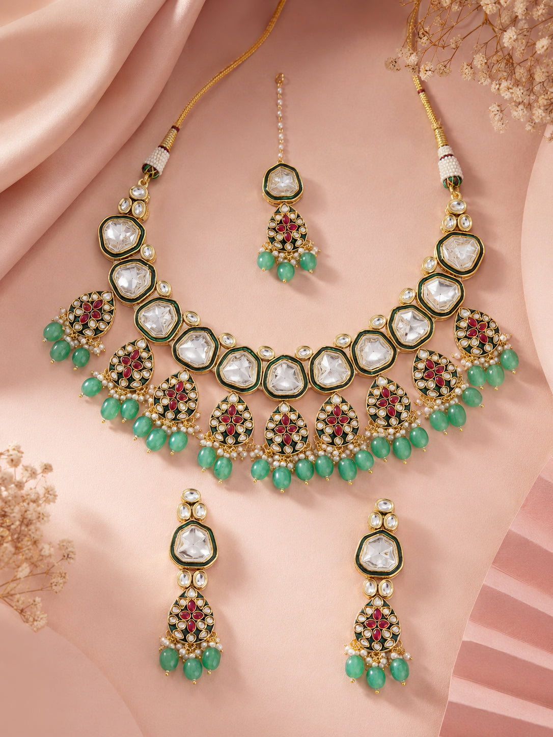 Aanura Gold Traditional Necklace Set With Earrings
