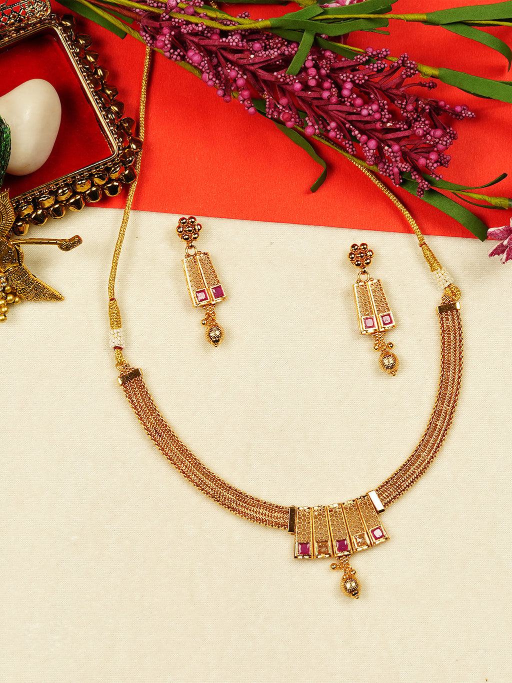Aanura Gold Plated Layered Necklace & Earring Set