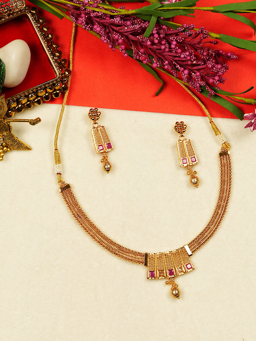 Aanura Gold Plated Layered Necklace & Earring Set
