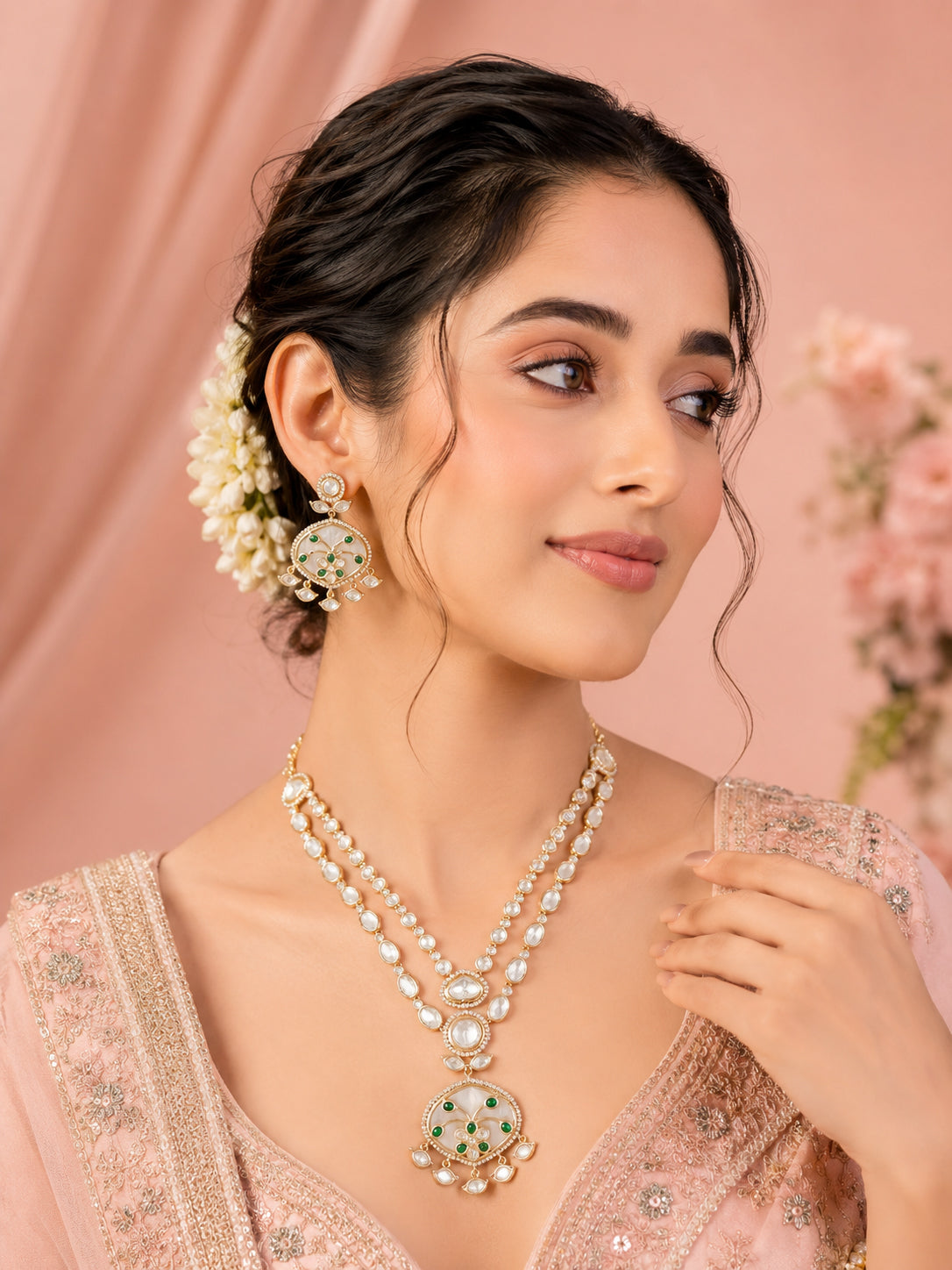Aanura Green Meenakari Kundan Pendant Necklace Set