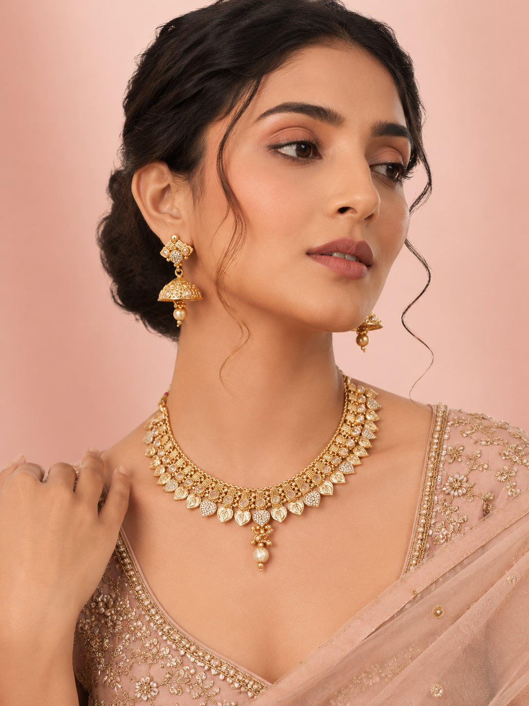 Aanura Antique Gold Choker Necklace with Drop Earrings