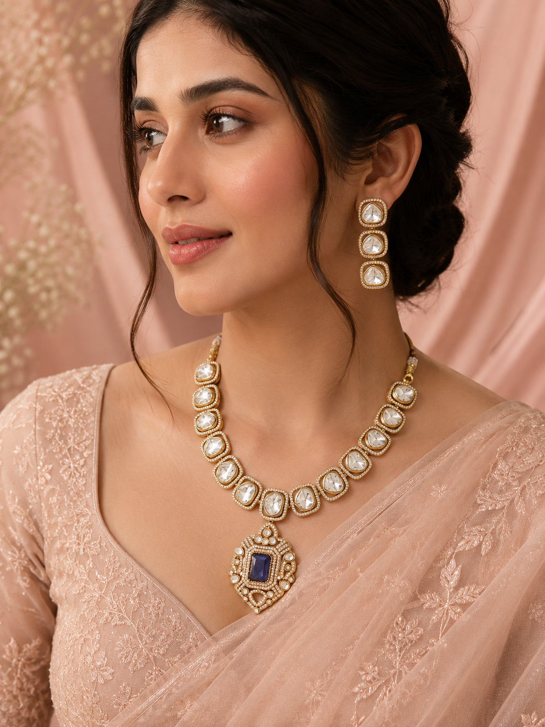 Aanura Kundan Necklace with Pink Stone Heritage Pendant